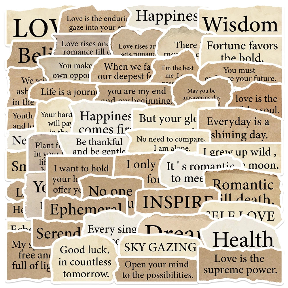50PCS Vintage Parchment Phrase Stickers for DIY Scrapbook, Laptop, Phone, Suitcase, Bike