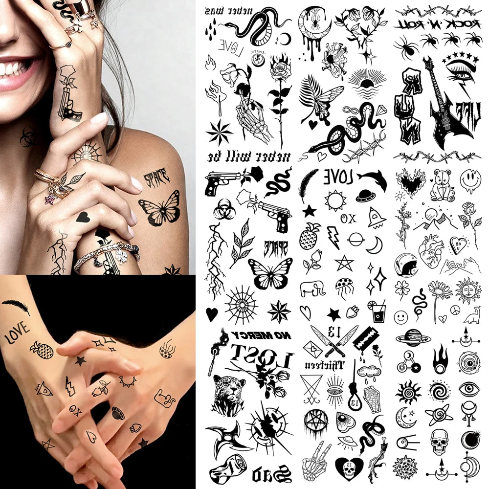 10pcs Waterproof Temporary Tattoo Sticker Dark Small Symbol Emoticon Flower Skull Body Art Arm Fake Tattoos Women Men Neck Hand
