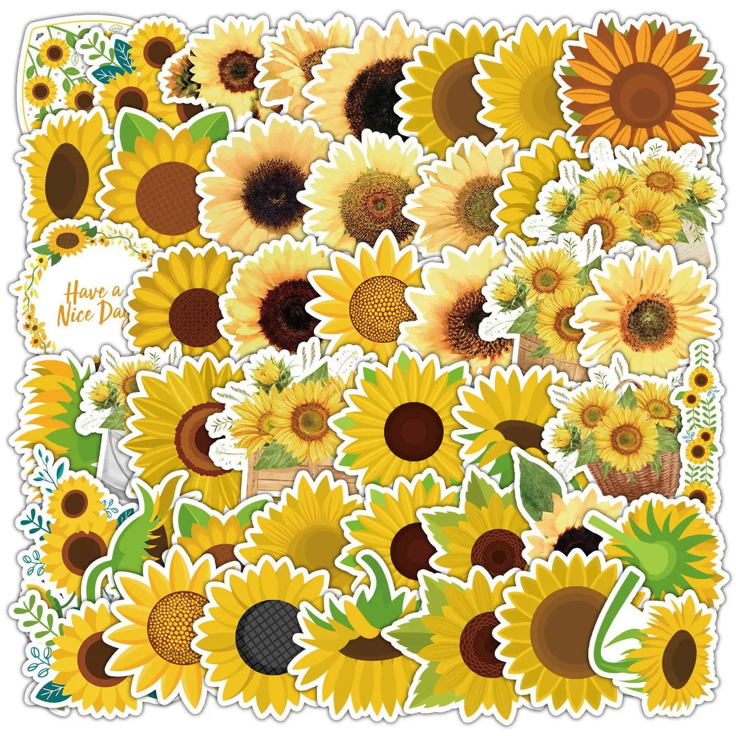 50Pcs Cute Sunflower Cartoon Stickers for Helmet, Wall, DIY Decoration