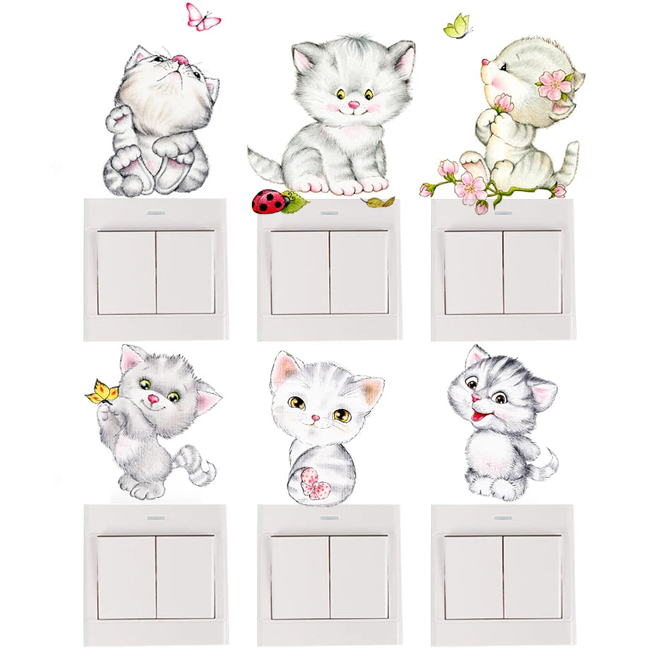 6pcs Cartoon Cat Switch Stickers for Kids Room Nursery Wall Decals