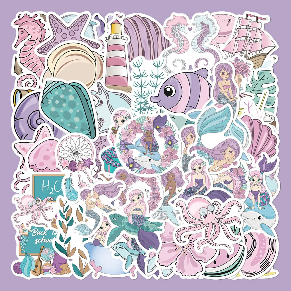 56pcs Cartoon Mermaid Stickers for Helmet Wall Decoration