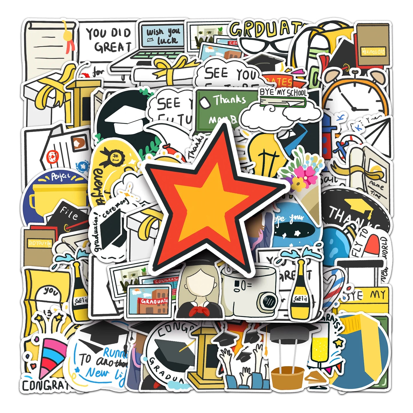 50Pcs Graduation Cartoon Waterproof Vinyl Stickers for Skateboard Snowboard