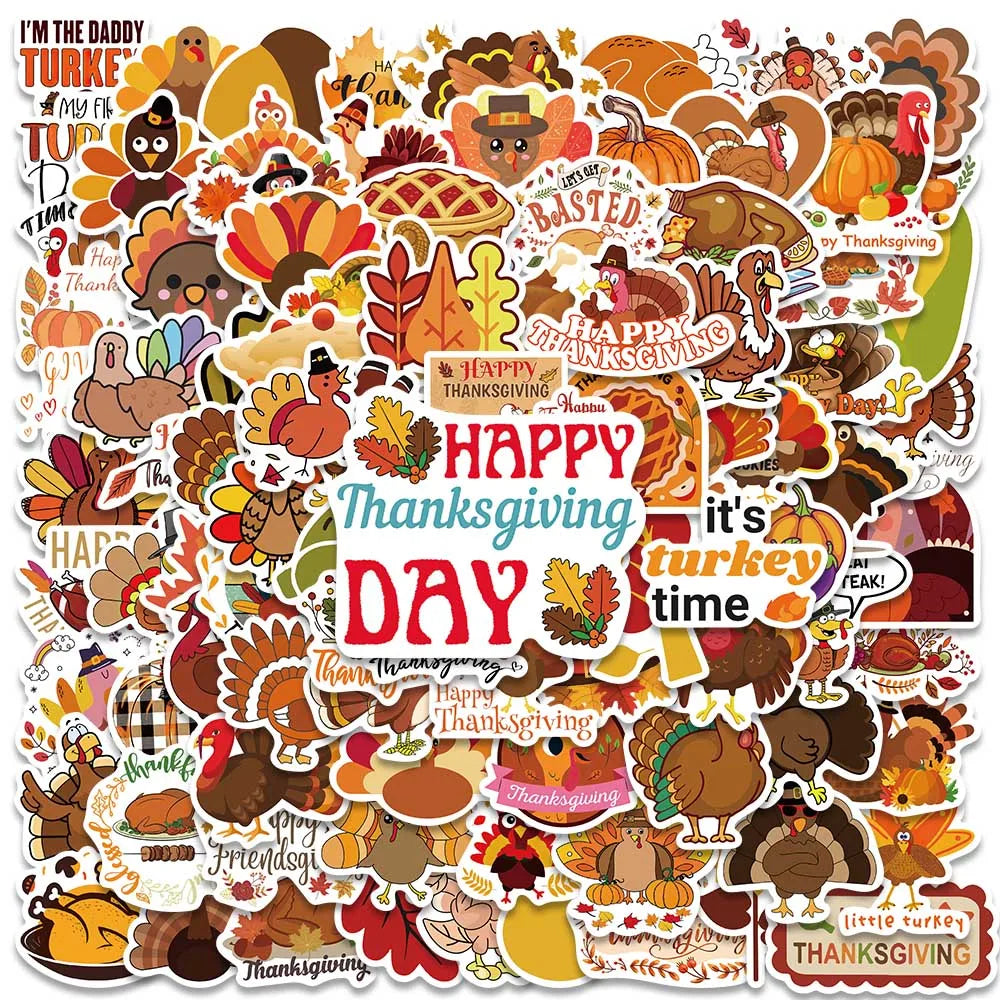 Thanksgiving Turkey Pumpkin Cartoon Stickers - 50/100pcs DIY Laptop Luggage Skateboard Decals for Kids