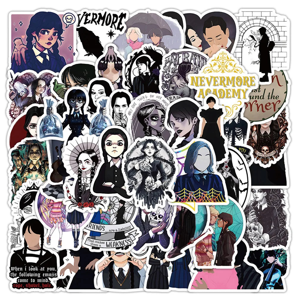 Wednesday Addams Horror Stickers: 10/30/50/105pcs Anime Decals for Laptop, Phone, Skateboard, Car, Waterproof