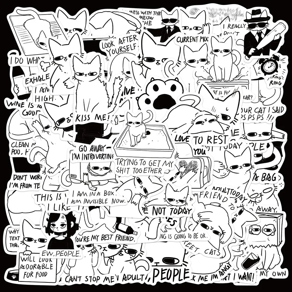 50pcs Cartoon Cat MEME Stickers for Helmet, Wall, DIY Decoration Wholesale