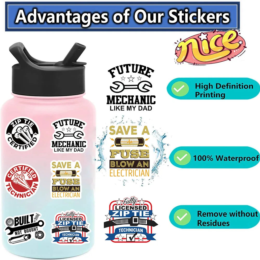 65PCS Funny Machinist Zip Tie Stickers Engineer Cartoon Decals Toy DIY Luggage Laptop Phone Car Bike Skateboard Sticker