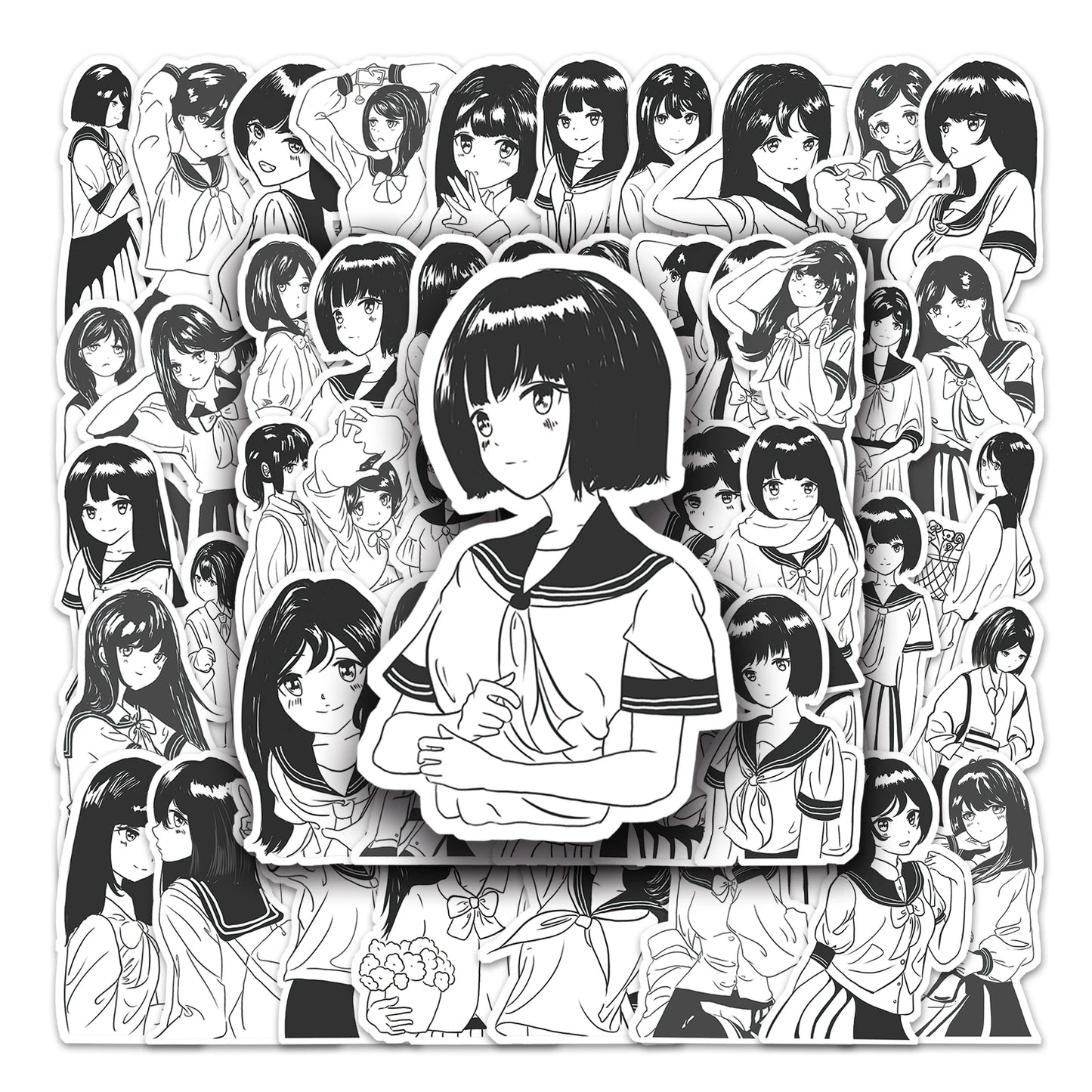 50Pcs Black & White Cartoon Waterproof Vinyl Stickers for Skateboard Snowboard