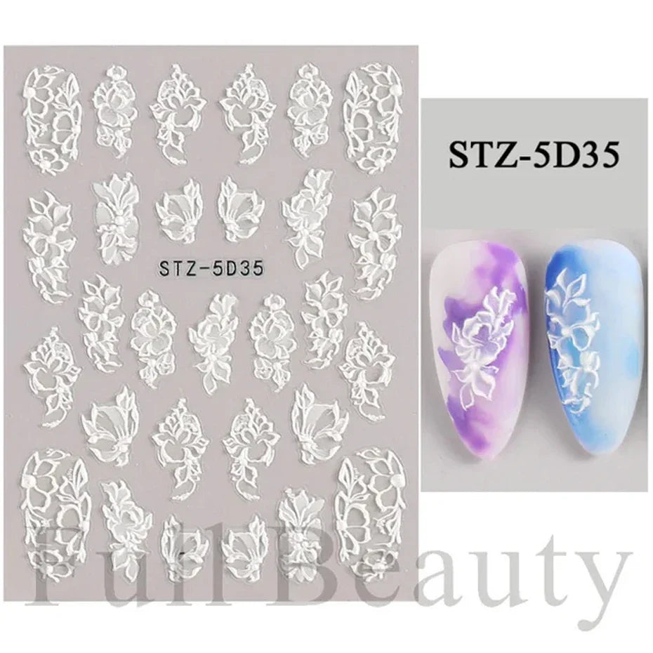 5D Floral Nail Stickers Wedding Design Embossed Adhesive Sliders