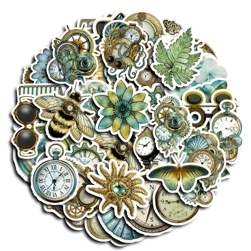 Green Retro Butterfly Bee Clock Stickers for Phone Laptop Luggage Skateboard Decals 10/30/50PCS