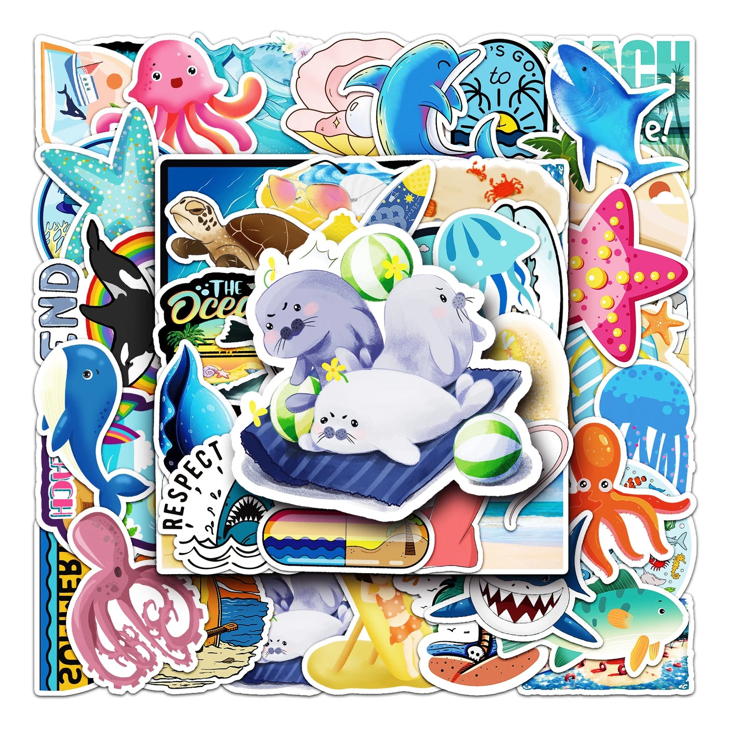 50Pcs Ocean Cartoon Waterproof Vinyl Stickers for Skateboard Snowboard
