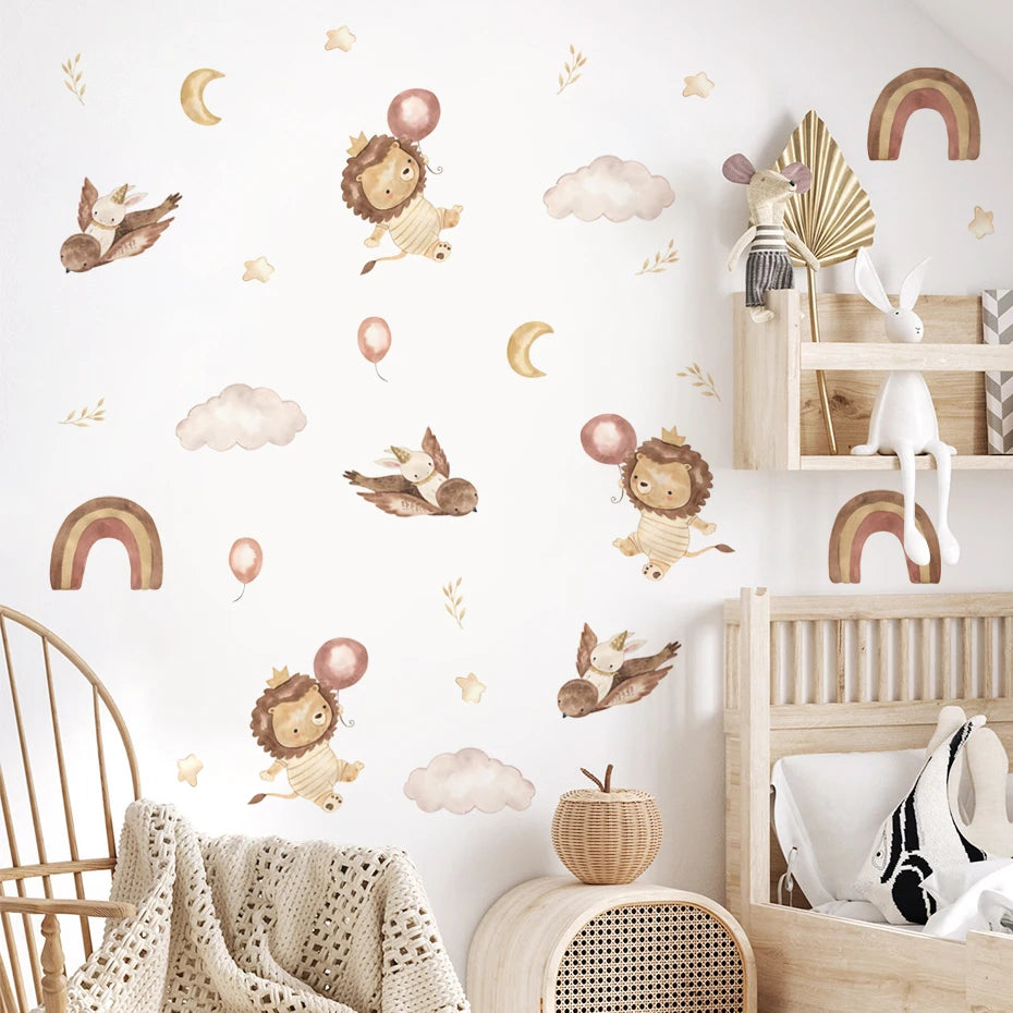 Boho Cute Lion Bear Rainbow Stars Nursery Wall Decals Kids Room Decor