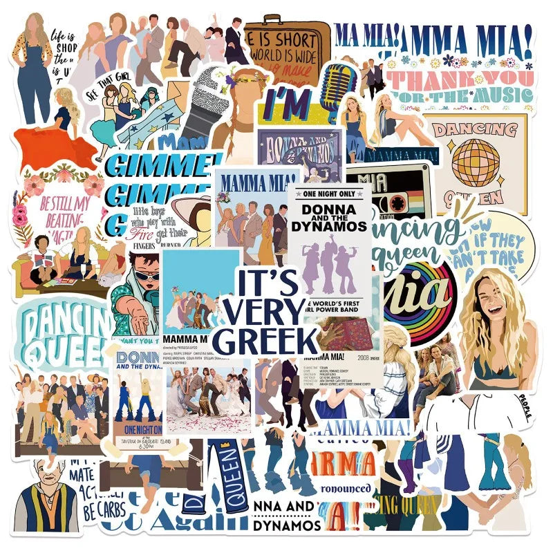 Mamma Mia Stickers Pack: Movie, Dance, Suitcase, Water Cup, Stationery, Phone, Car, Laptop, Fridge Decor