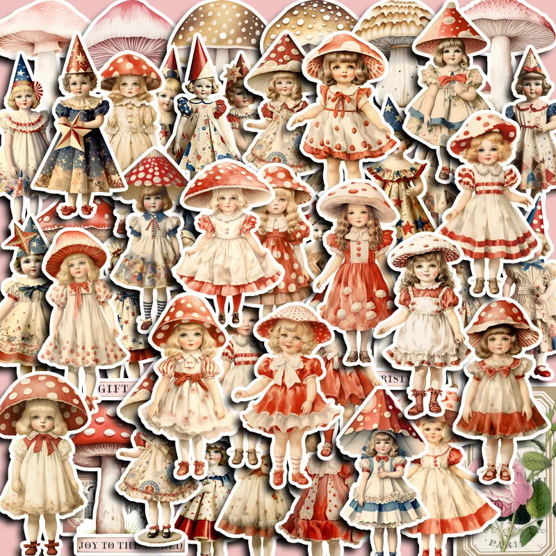 Retro Mushroom Girl Stickers for Phone Laptop Luggage Skateboard - 10/30/50PCS
