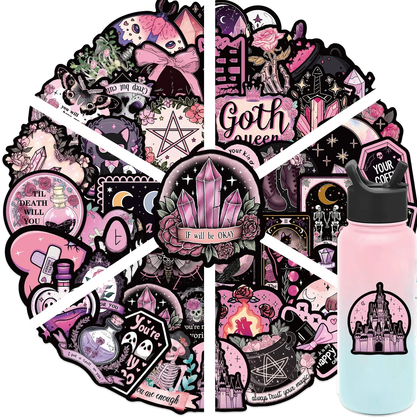 50pcs Cool Dark Pink Gothic Skull Graffiti Stickers DIY Scrapbook Luggage Waterproof PVC StickerTarot Goth Decals