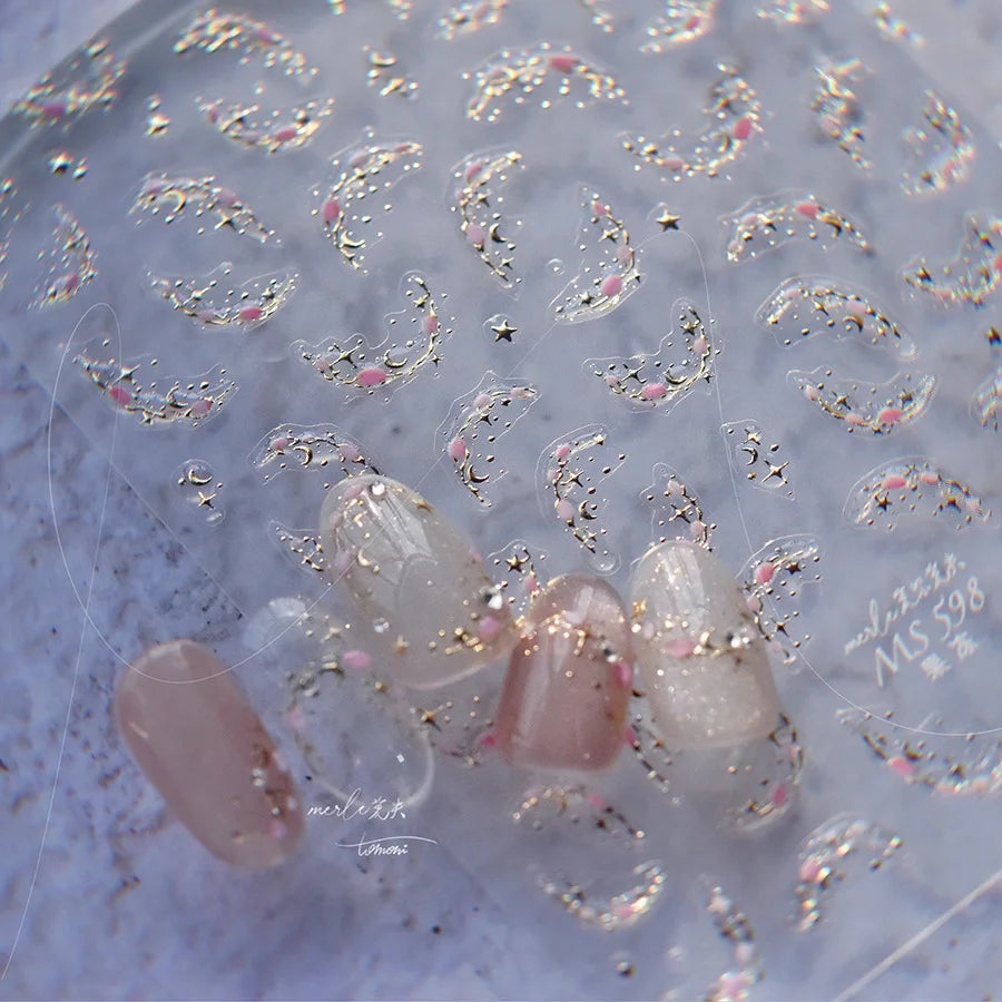 5D Star Moon Nail Stickers Pink Retro Bronzing Nail Art Decals DIY Adhesive Accessories