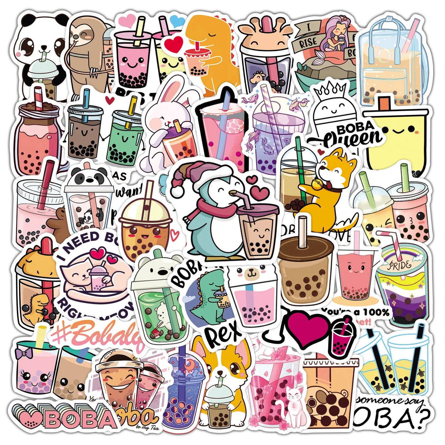 50pcs Cartoon Bubble Tea Stickers for Helmet, Wall, DIY Decoration
