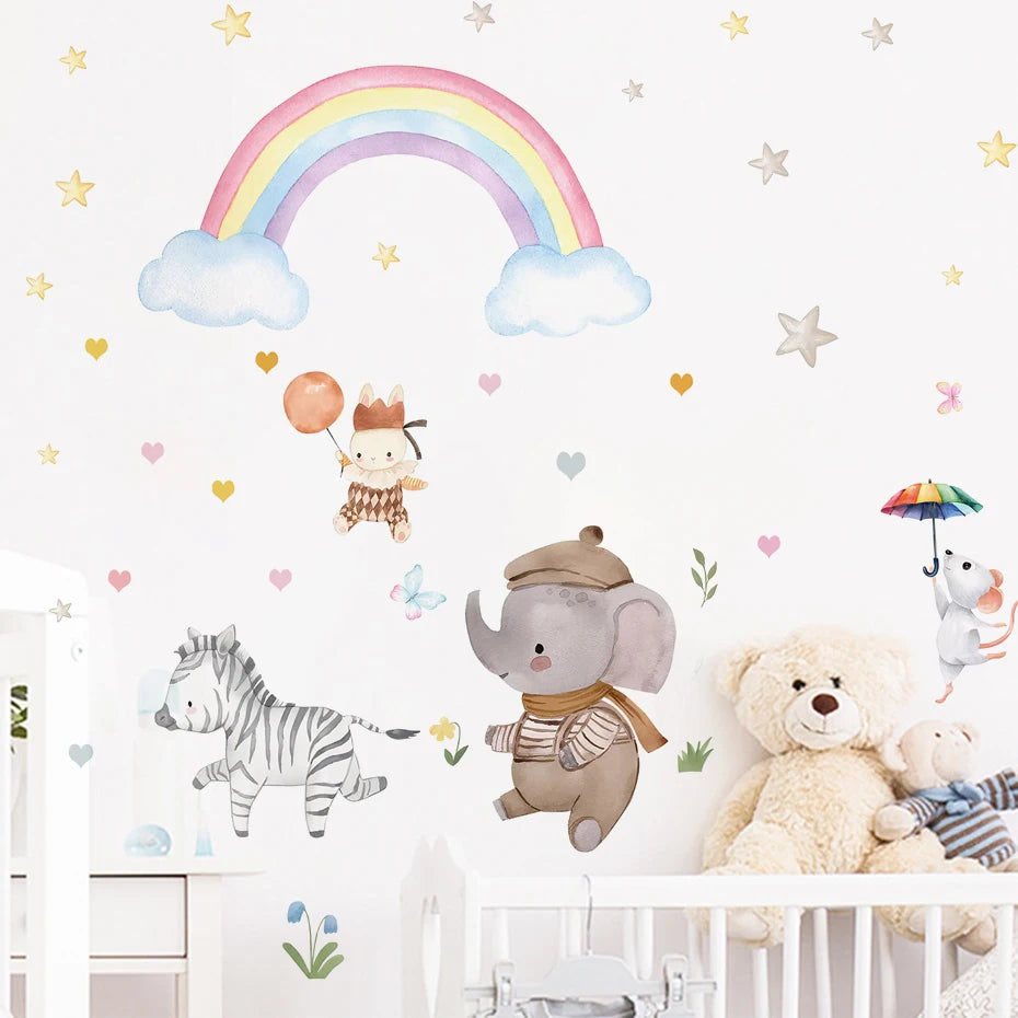 Cartoon Animal Rainbow Wall Stickers for Kids Bedroom Nursery Decor