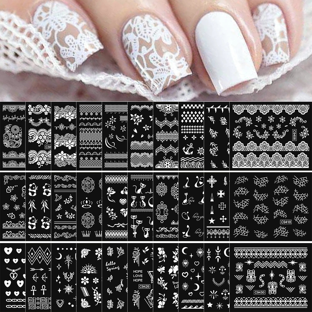 30pcs Lace Nail Stickers: Black & White Floral Star Designs