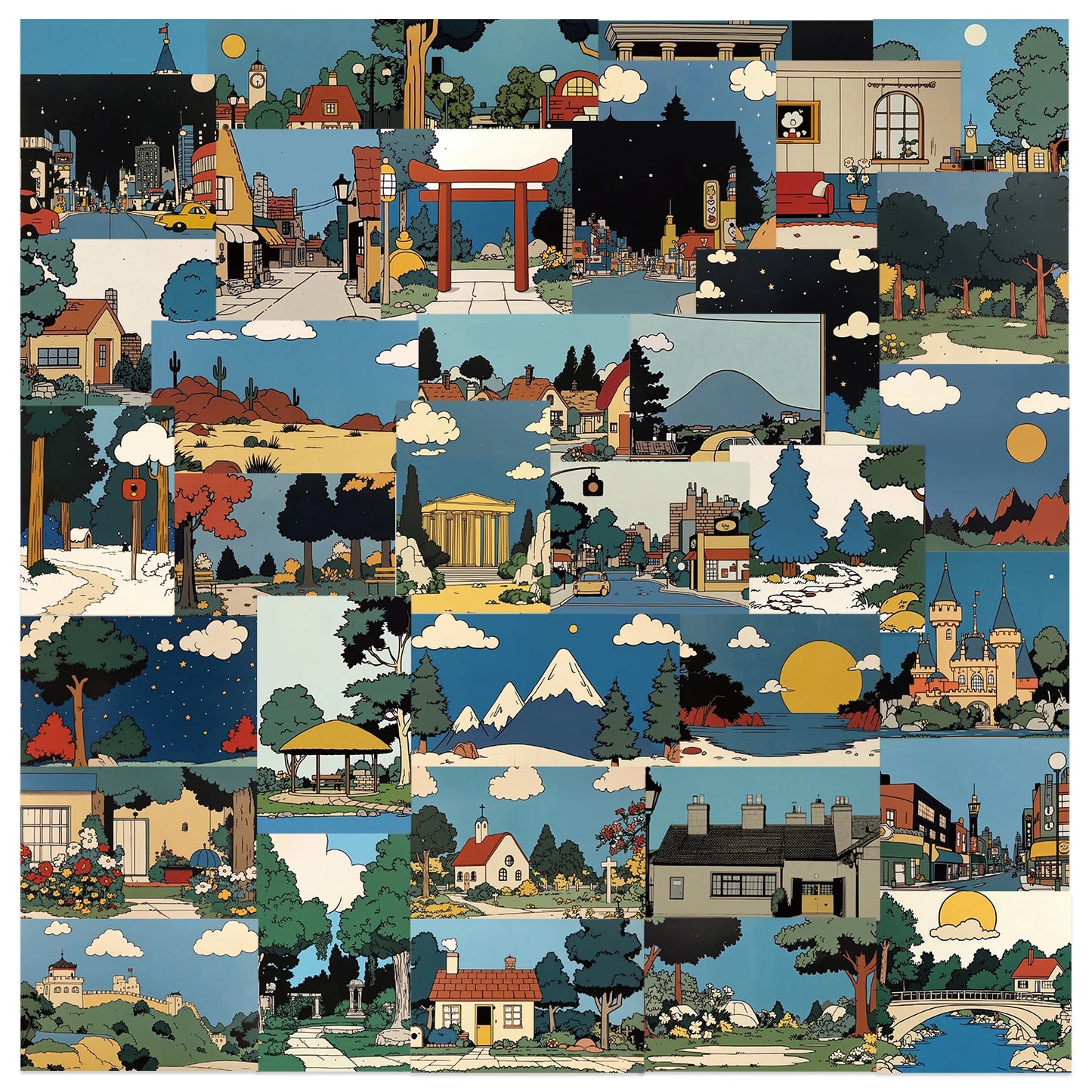 50PCS Retro Cartoon Landscape Stickers for Laptop Guitar Luggage Bike Skateboard Waterproof Decals