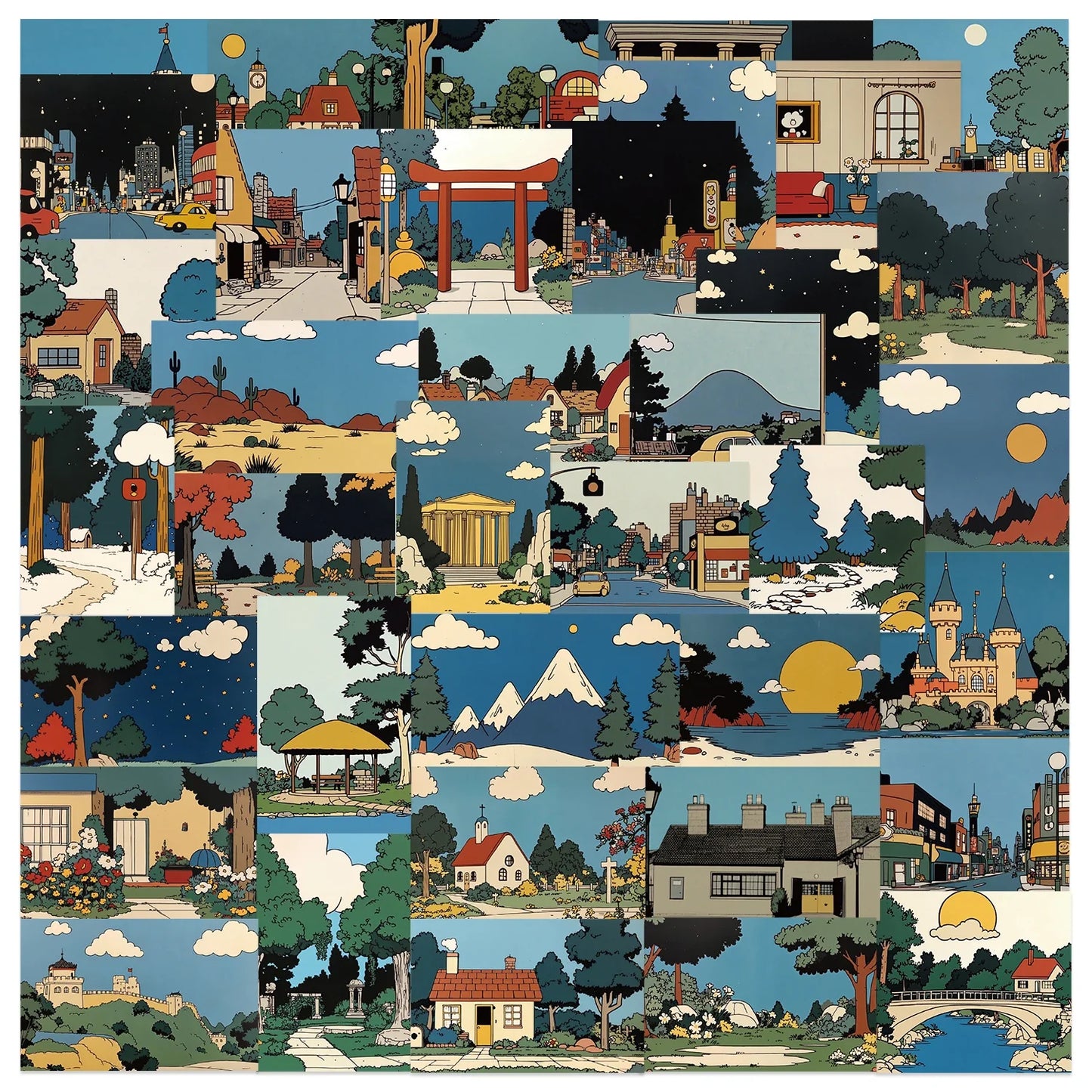 50PCS Retro Cartoon Landscape Stickers for Laptop Guitar Luggage Bike Skateboard Waterproof Decals