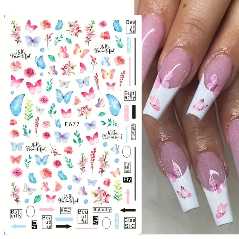 Spring Butterfly Nail Art Stickers, Self-Adhesive Flower Decals, 6pcs