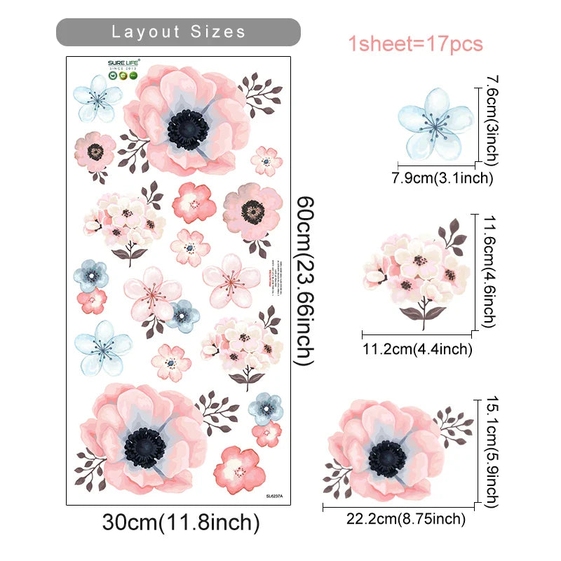 Watercolor Pink Brown Flower Wall Stickers Nursery Bedroom Decals