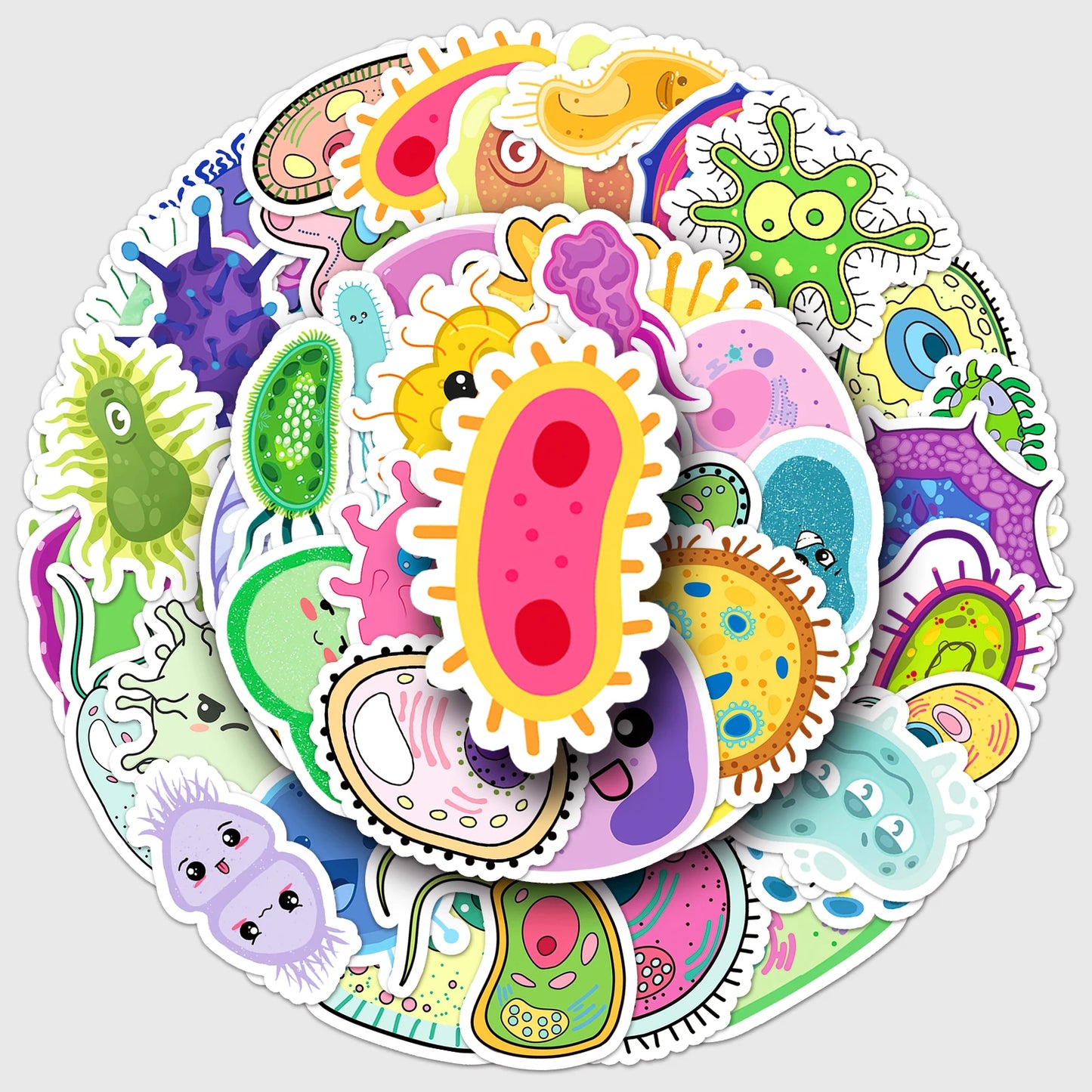 50Pcs Cute Microbial Cartoon Waterproof Vinyl Stickers for Skateboard Snowboard Decal