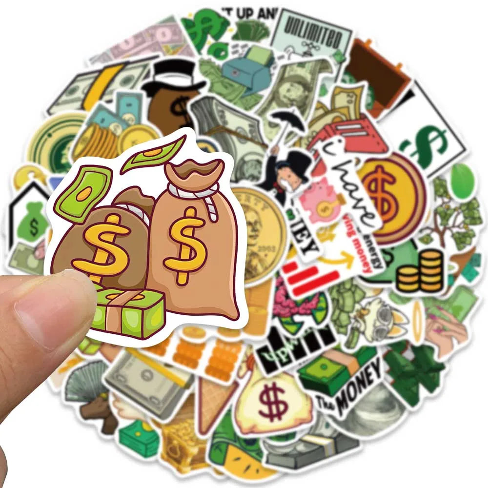 50pcs Funny Cartoon Money Symbol Stickers Water Bottle Sticker Luggage Laptop Guitar Skateboard Waterproof Vinyl Decals