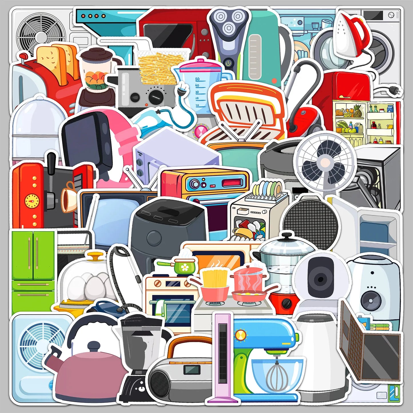 50pcs Cartoon Household Appliances Stickers for Helmet, Wall, DIY Decoration
