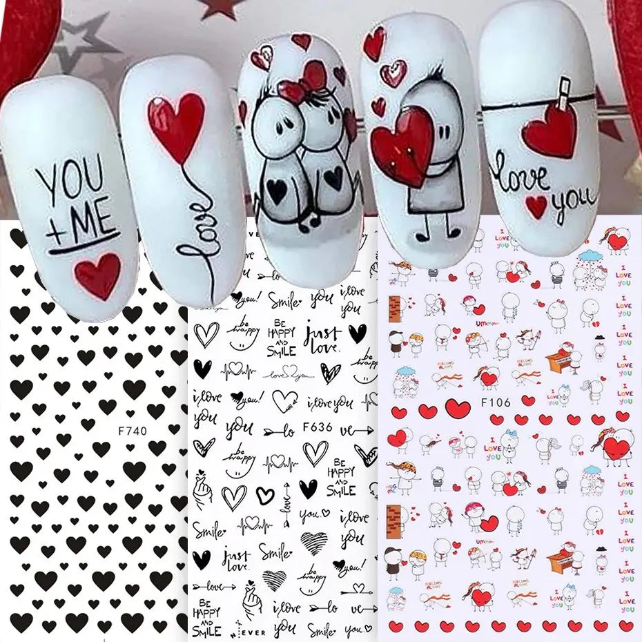 3D Valentines Nail Art Stickers - Cute Cartoon Full Wraps