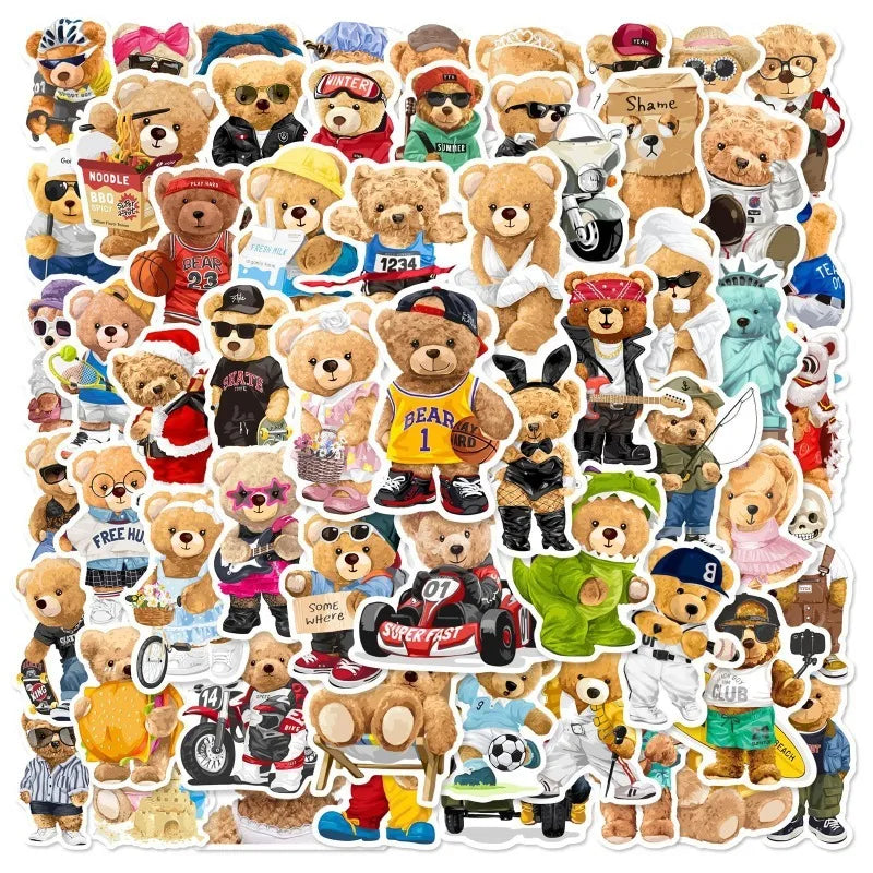 60pcs Cute Teddy Bear Stickers for Laptop, Phone, Car, Scooter, Water Bottle, Suitcase, Stationery, Refrigerator