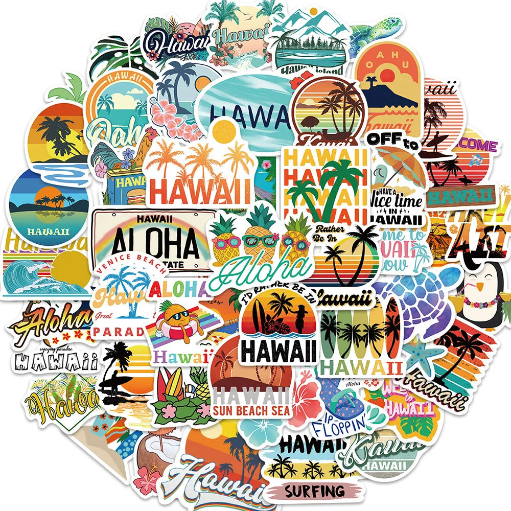 Hawaiian Cartoon Sticker Set: Phone, Laptop, Luggage, Skateboard Decals for Kids