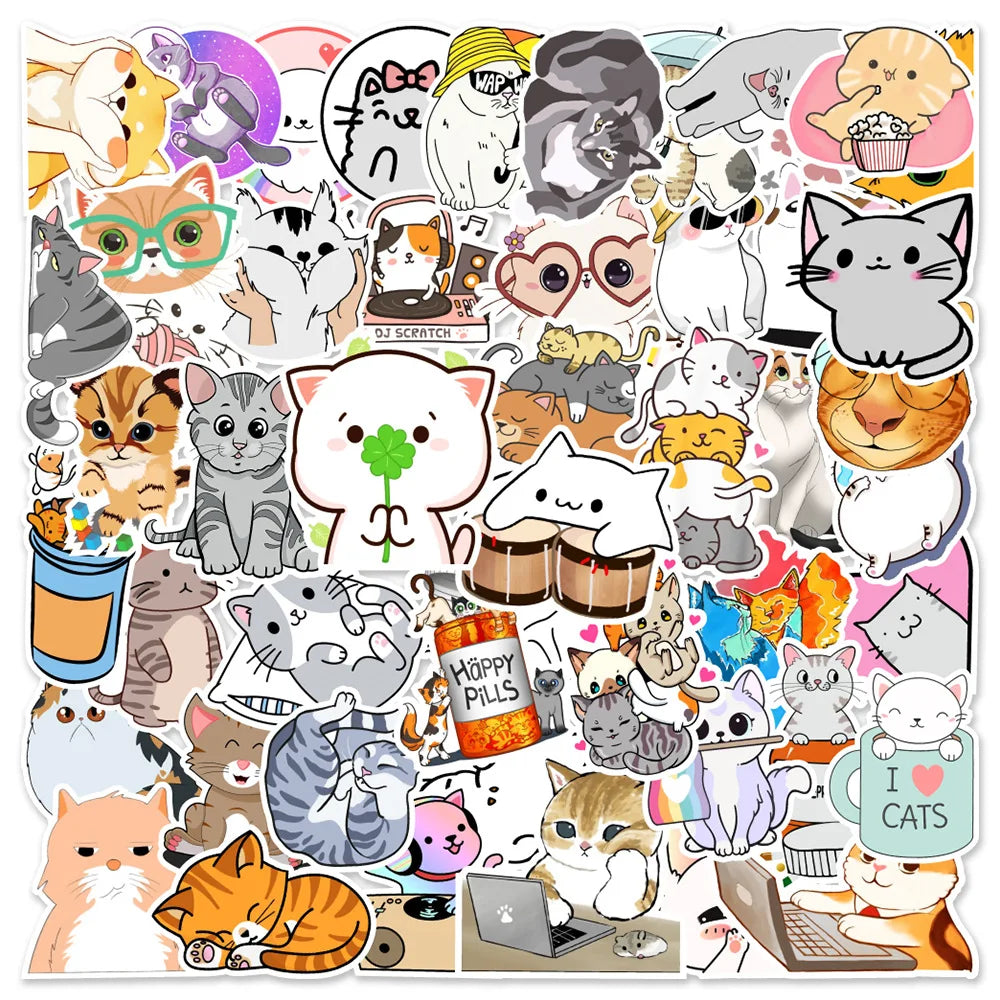 50pcs Cute Cat Cartoon Stickers for Helmet, Desktop, Wall Decoration, DIY