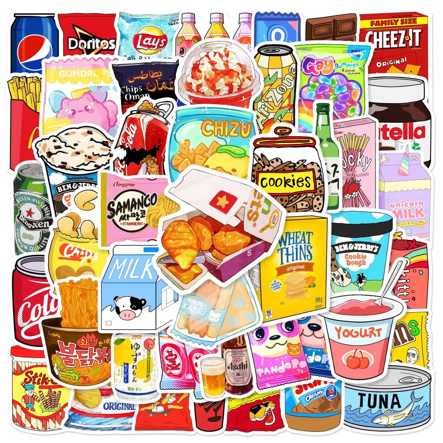 50pcs Animated Snack Graffiti Stickers for Helmet, Desktop, Wall Decoration