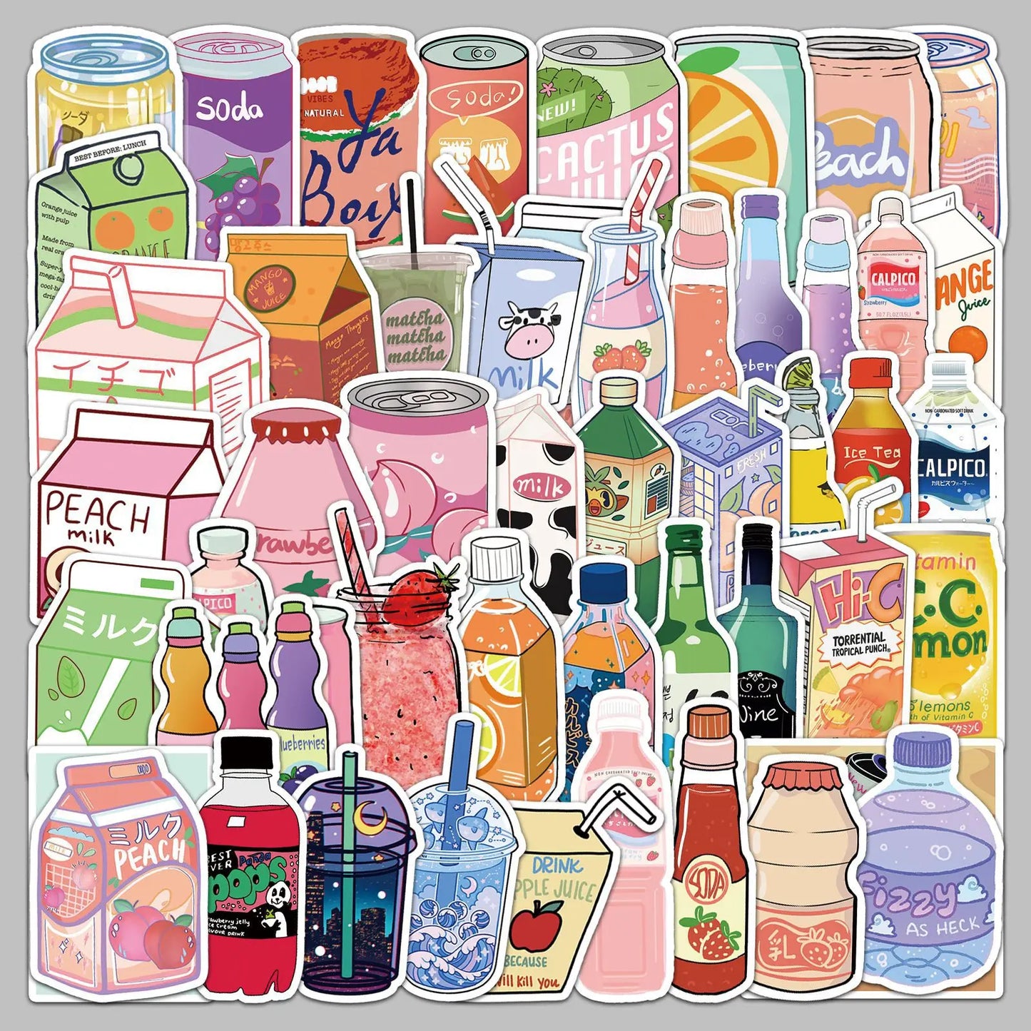 50pcs Cartoon Drink Stickers for Helmet, Wall, DIY Decoration