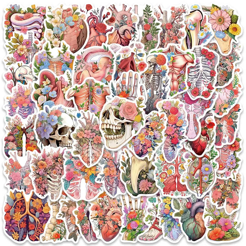 50pcs Colorful Cartoon Flowers Skull Human Organs Graffiti Stickers For Laptop Phone Guitar Luggage Waterproof Vinyl Decals