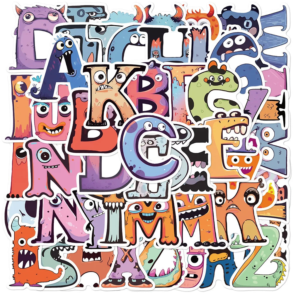 52pcs Cartoon Monster Letter Graffiti Stickers for Helmet, Wall, DIY Decor