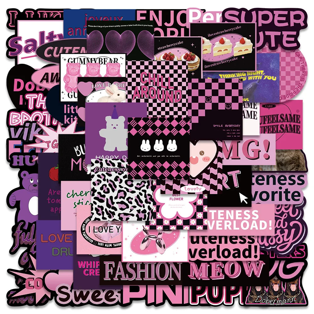 55PCS Y2K Black Purple Bear VSCO Stickers for Laptop, Phone, Luggage, Notebook, Car, Motorcycle