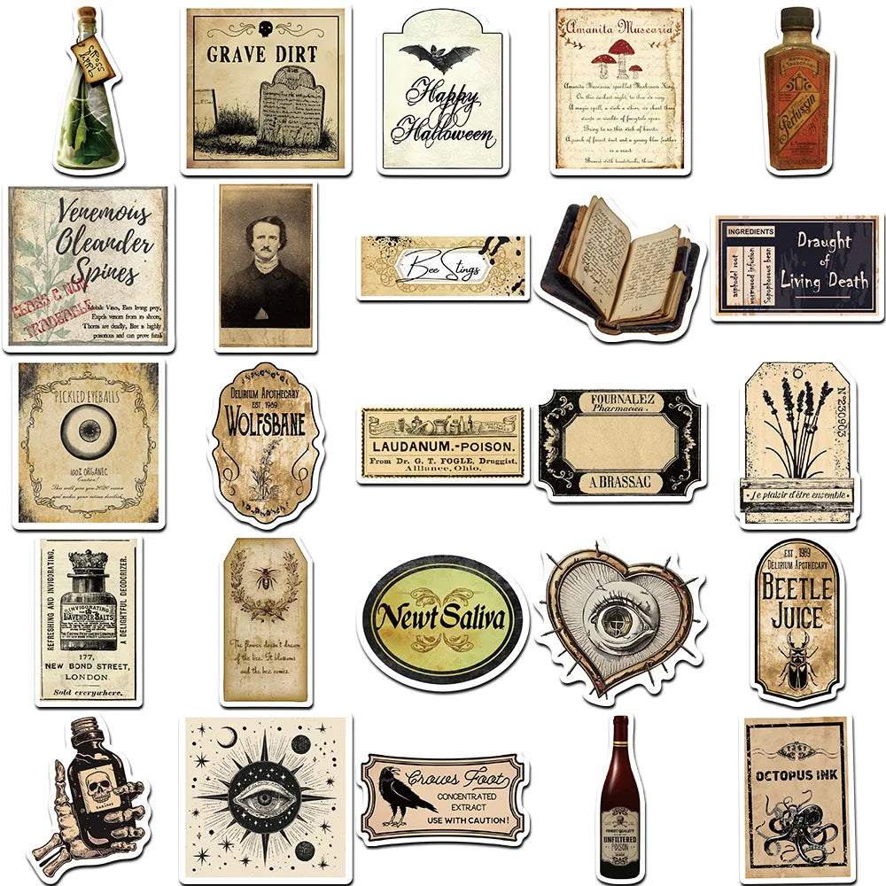 10/30/50PCS Vintage Horror Poison Label Stickers Gothic Pharmacist Decals Waterproof Graffiti Toys DIY Skateboard Scrapbook Bike