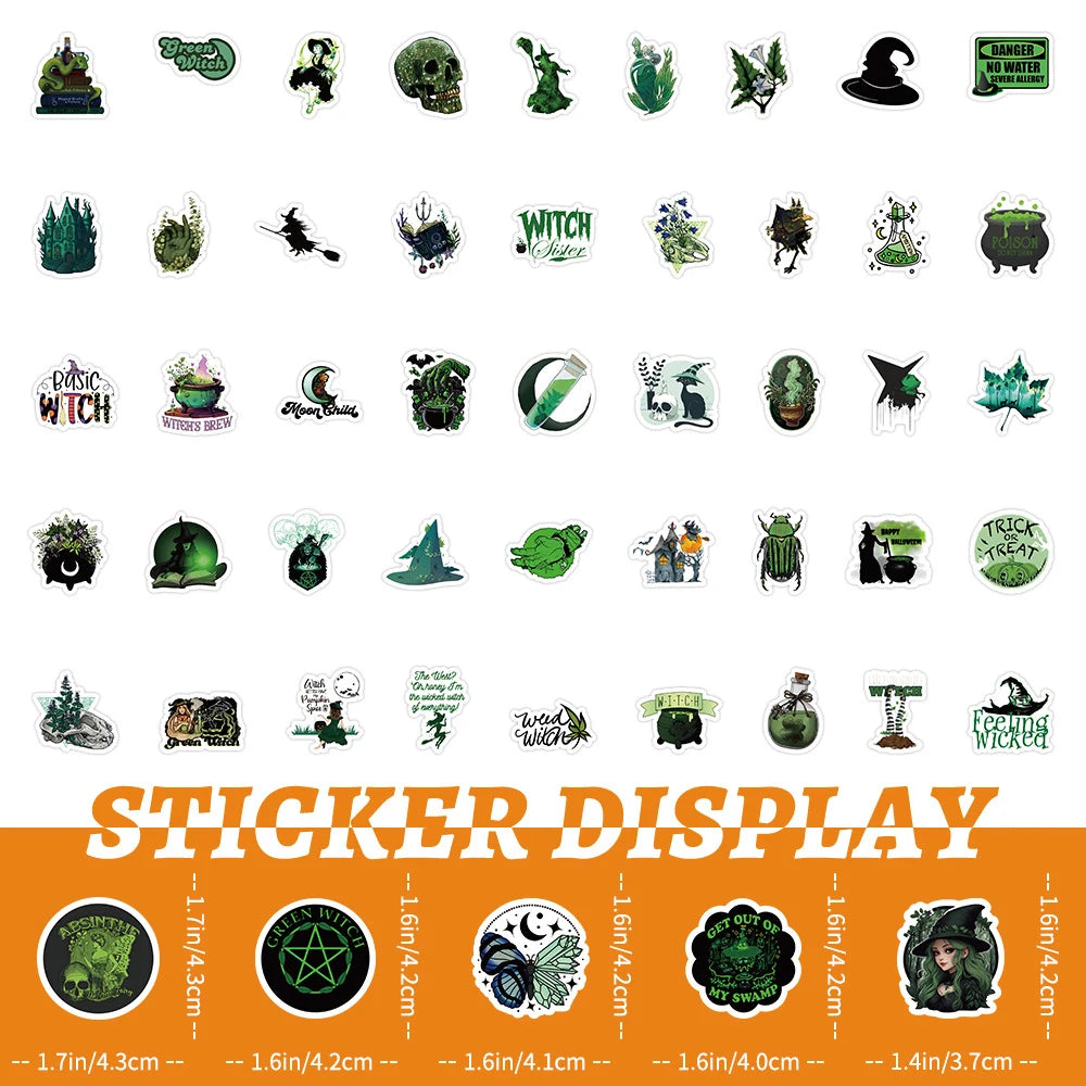 10/30/50/100pcs Cool Retro Green Magic Wizard Witch Stickers Laptop Phone Skateboard Fridge Car Gothic Retro Waterproof Sticker