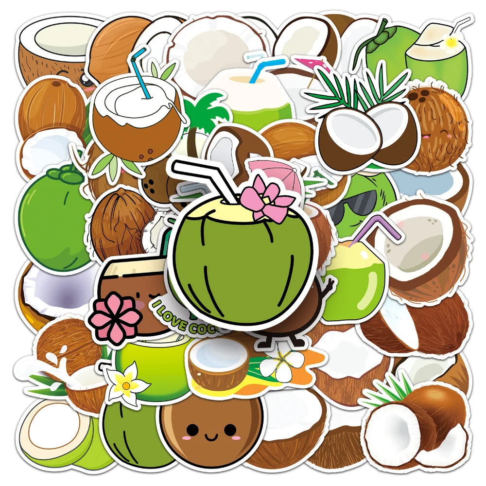 50PCS Summer Fruit Coconut Stickers for Phone Suitcase Scrapbook Scrapbooking Material Hawaii Sticker DIY Sticker