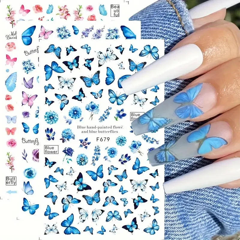 Spring Butterfly Nail Art Stickers, Self-Adhesive Flower Decals, 6pcs
