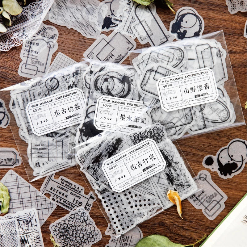 Yoofun 40pcs Retro Black & White Transparent Stickers for Journals & Scrapbooking