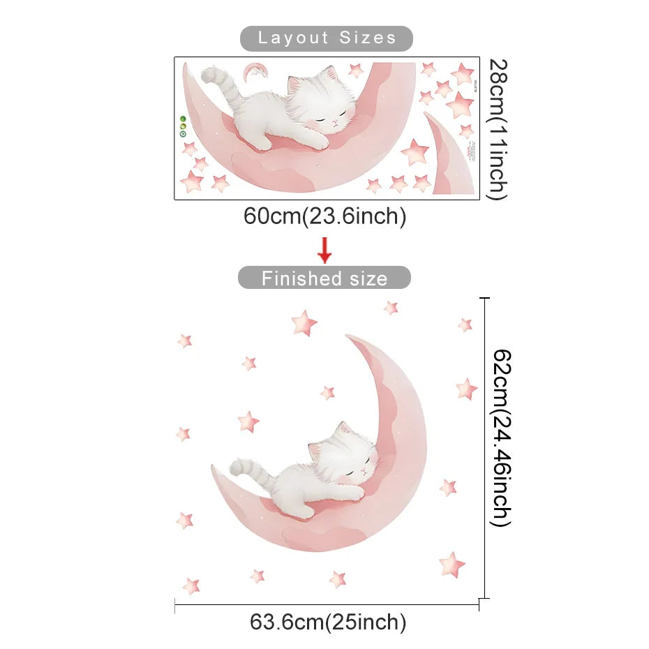 Pink Cat Moon Wall Stickers Kids Room Decor