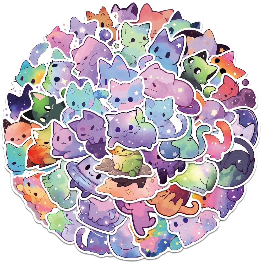 50pcs Kawaii Cartoon Starry Sky Cats Stickers Decals For Laptop Water Bottle Luggage Notebook Phone Vinyl Waterproof Graffiti