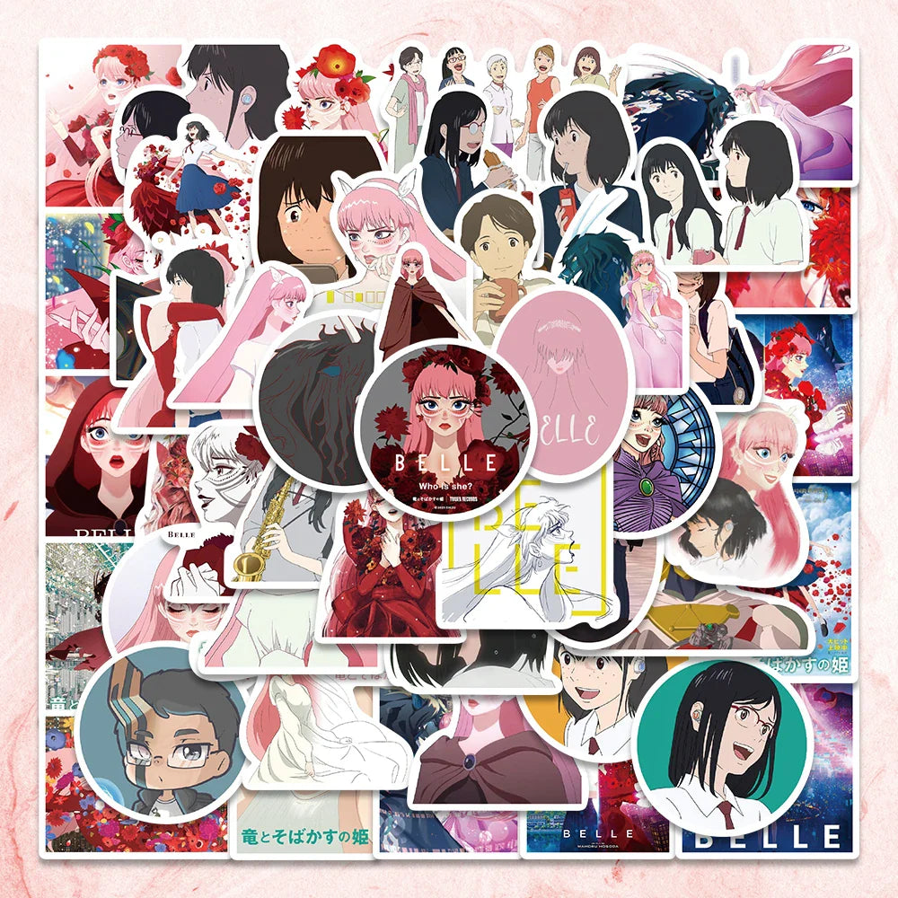 50pcs Anime Belle Dragon Freckled Princess Stickers for Laptop, Skateboard, Luggage, Kids Gifts
