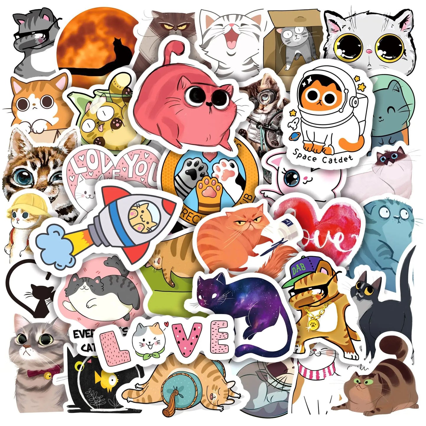 50pcs Healing Cartoon Kitten Stickers for Helmet, Desktop, Wall Decoration