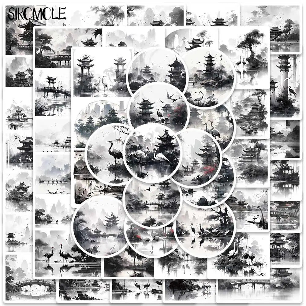 Black & White Ink Art Stickers: 10/30/50PCS for Luggage, Guitar, Fridge, Laptop, Kids Decals