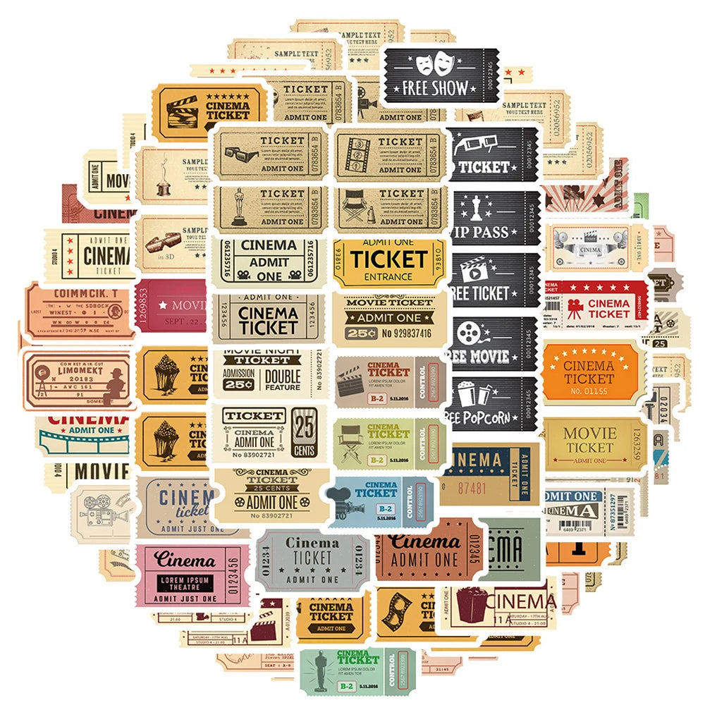 10/40/80pcs Vintage Classic Movie Ticket Stickers Laptop Skateboard Luggage Phone Car Motorcycle Waterproof Sticker Kids Toys