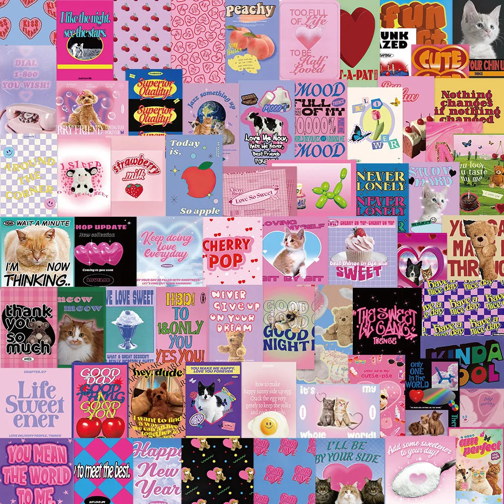 Y2K Pink Aesthetic Cat Stickers - 10/30/65pcs for Motorcycle, Skateboard, Phone, Graffiti